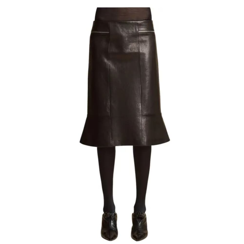 KHAITE Francine Lambskin Leather Midi Skirt Size 8 New with Tags